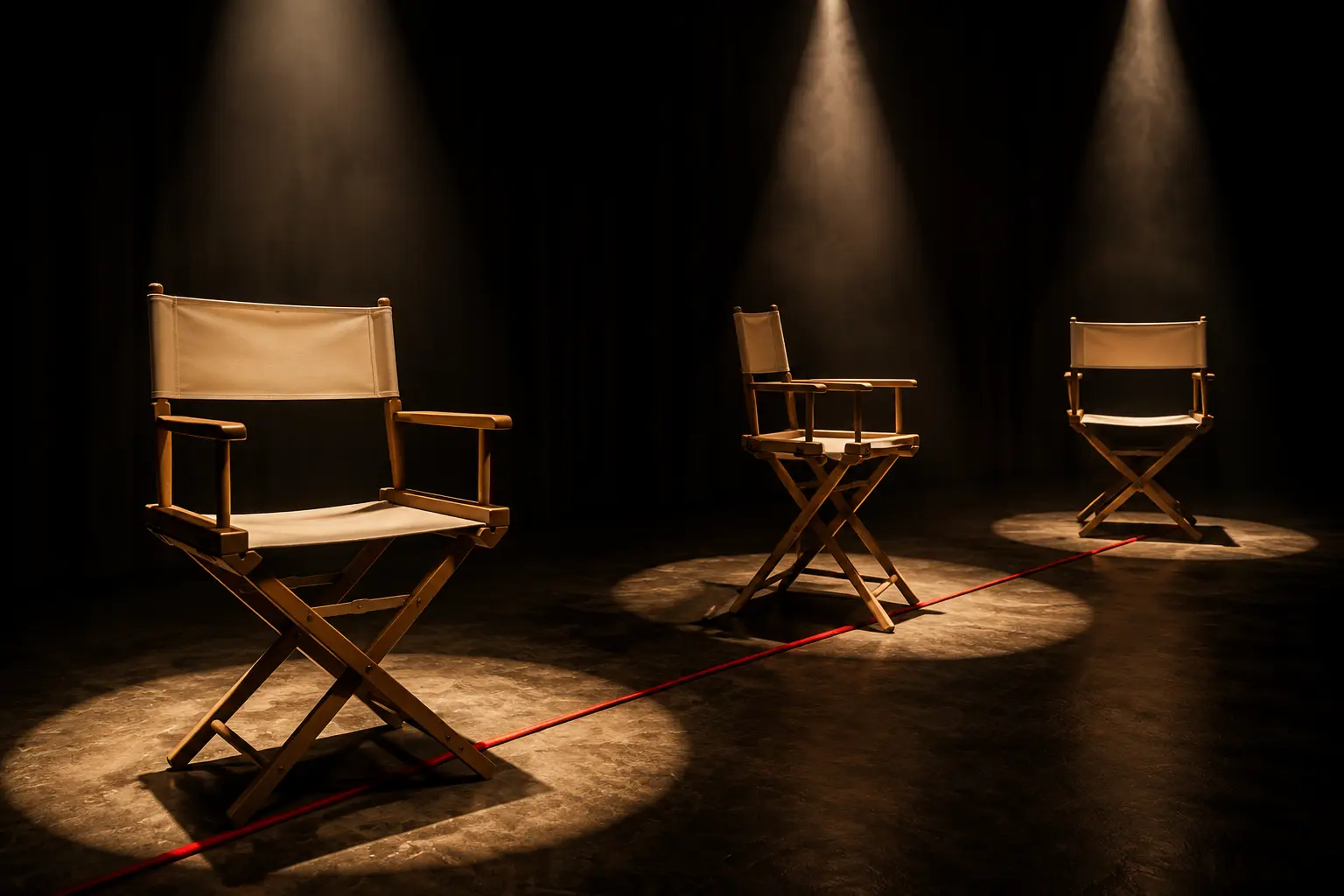Three empty director chairs waiting beneath warm theatrical spotlights