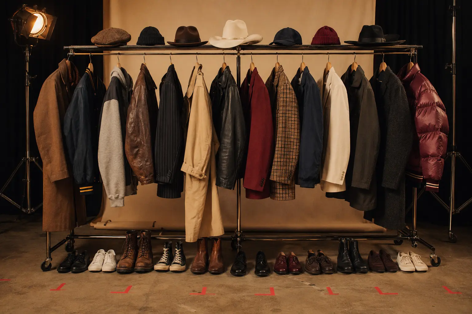 A carefully styled menswear wardrobe rail prepared for an upcoming production